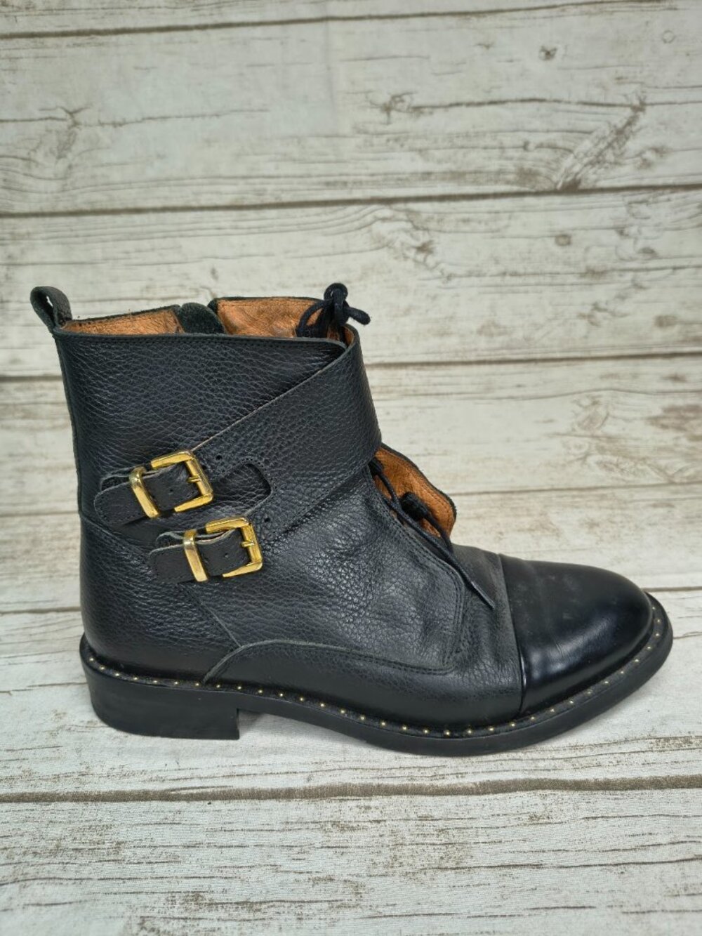 Mos Mosh MM Dublin Black Leather Double Buckle Boots Size 39